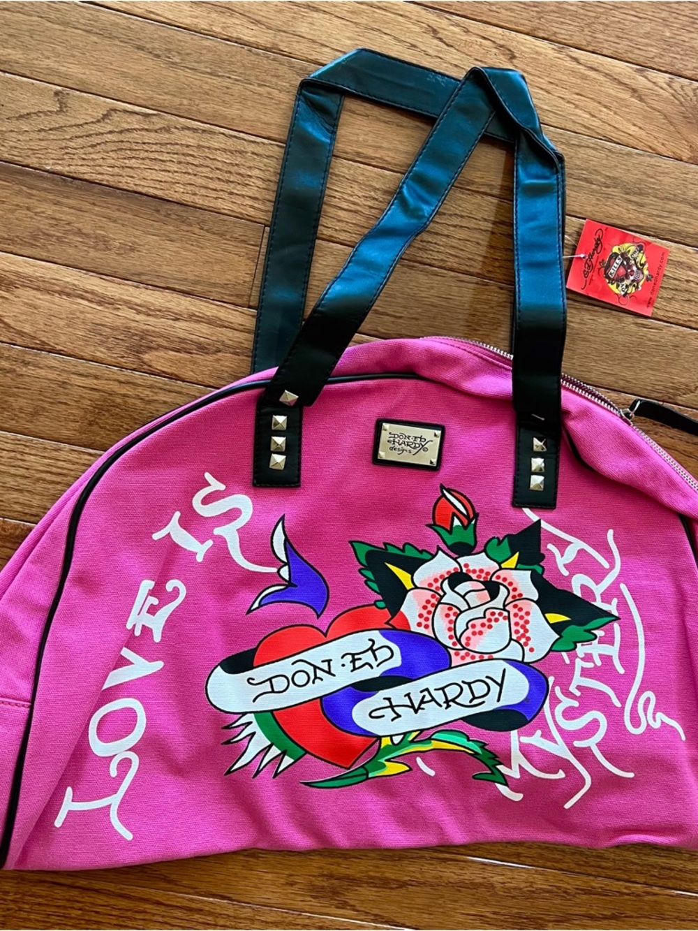 Vintage Ed Hardy Pink Tattoo-Print Weekender Bag